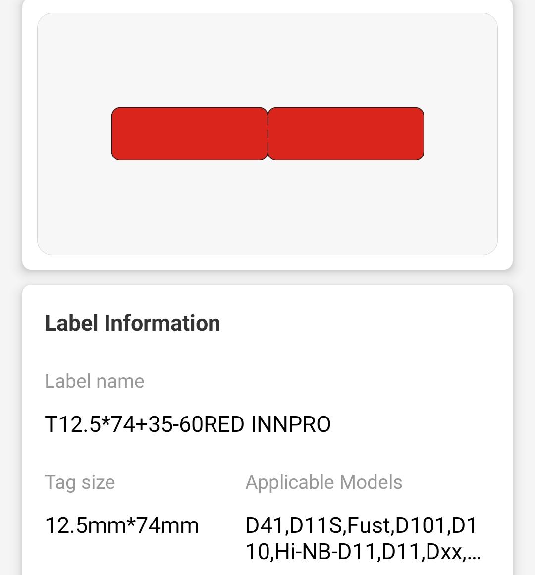 NB141 - NIIMBOT - D11 / D101 / D110 / H1S - RXL 12.5X109MM - 65 LABELS PER ROLL - RED CABLE