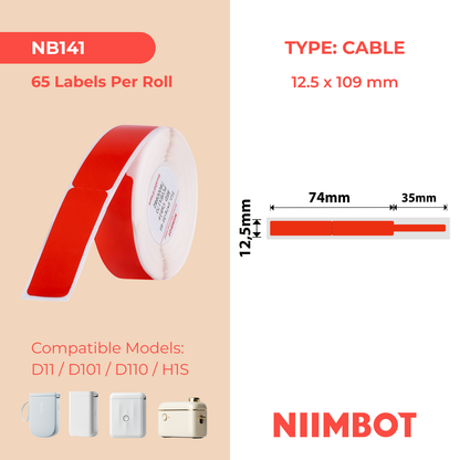 NB141 - NIIMBOT - D11 / D101 / D110 / H1S - RXL 12,5 x 109 mm - 65 étiquettes par rouleau - Câble rouge
