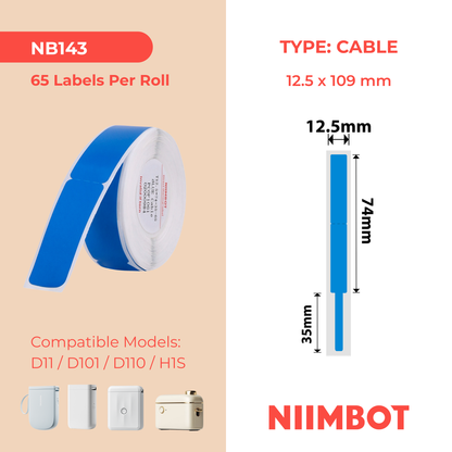 NB143 - NIIMBOT - D11 / D101 / D110 / H1S - RXL 12,5 x 109 mm - 65 étiquettes par rouleau - Câble bleu