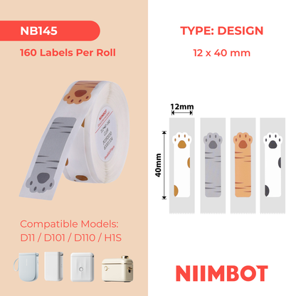NB145 - NIIMBOT - D11 / D101 / D110 / H1S - RP12X40MM - 160 ÉTIQUETTES PAR ROULEAU - MOTIF PATTE DE CHAT
