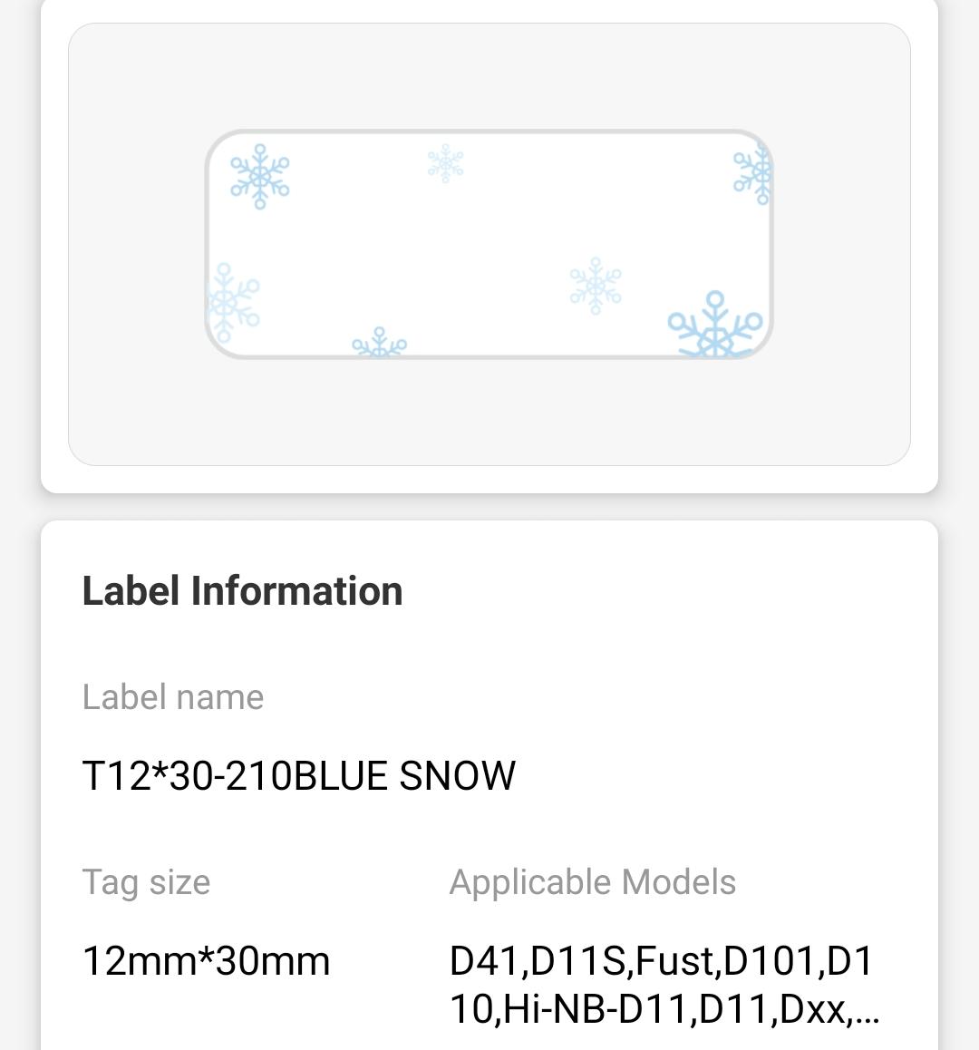 NB148 - NIIMBOT - D11 / D101 / D110 / H1S - 12X30MM - 210 THERMAL LABELS - BLUE SNOW DESIGN