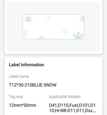 NB148 - NIIMBOT - D11 / D101 / D110 / H1S - 12X30MM - 210 THERMAL LABELS - BLUE SNOW DESIGN