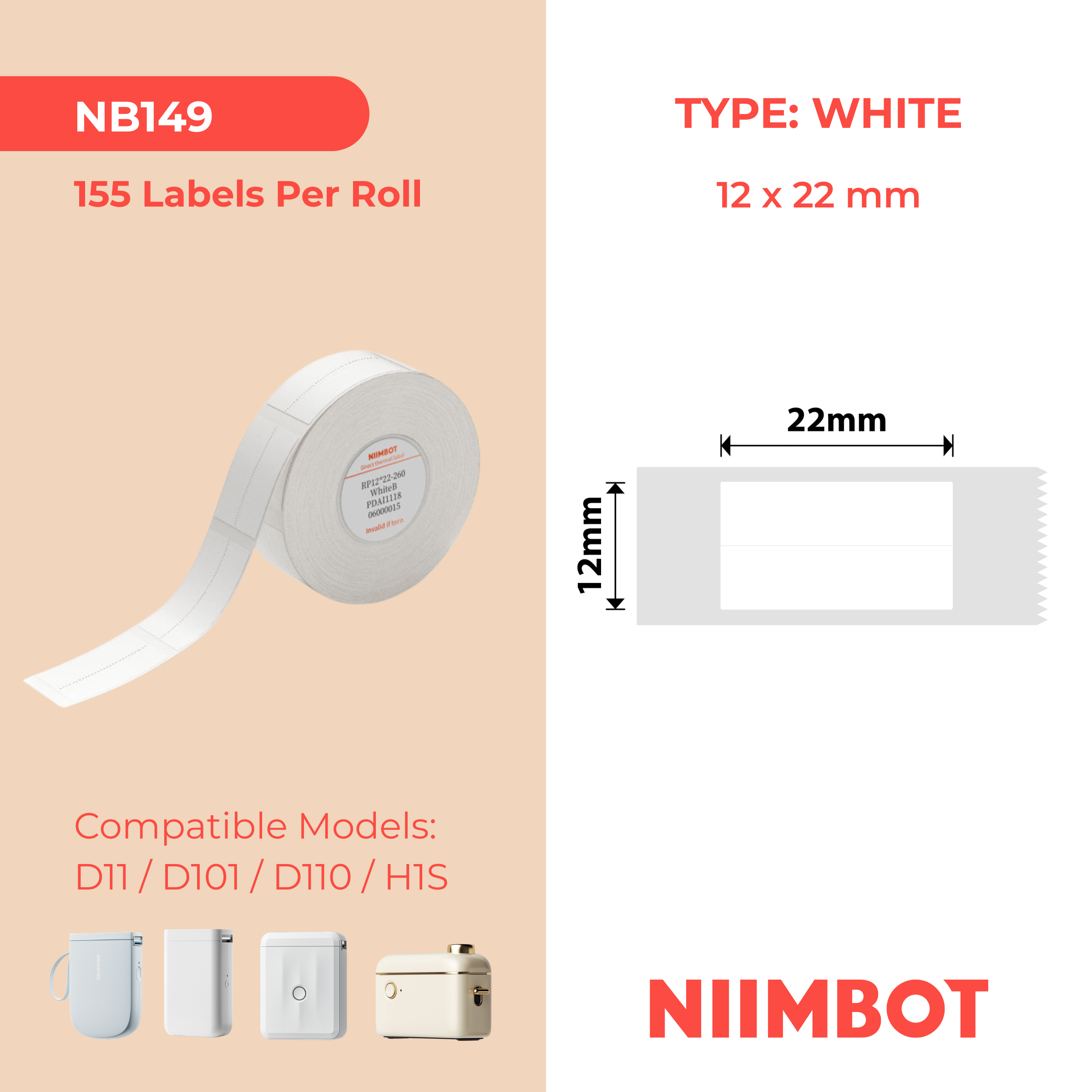 NB149 - NIIMBOT - D11 / D101 / D110 / H1S - 12X22MM - 260 WHITE SPLIT LABELS