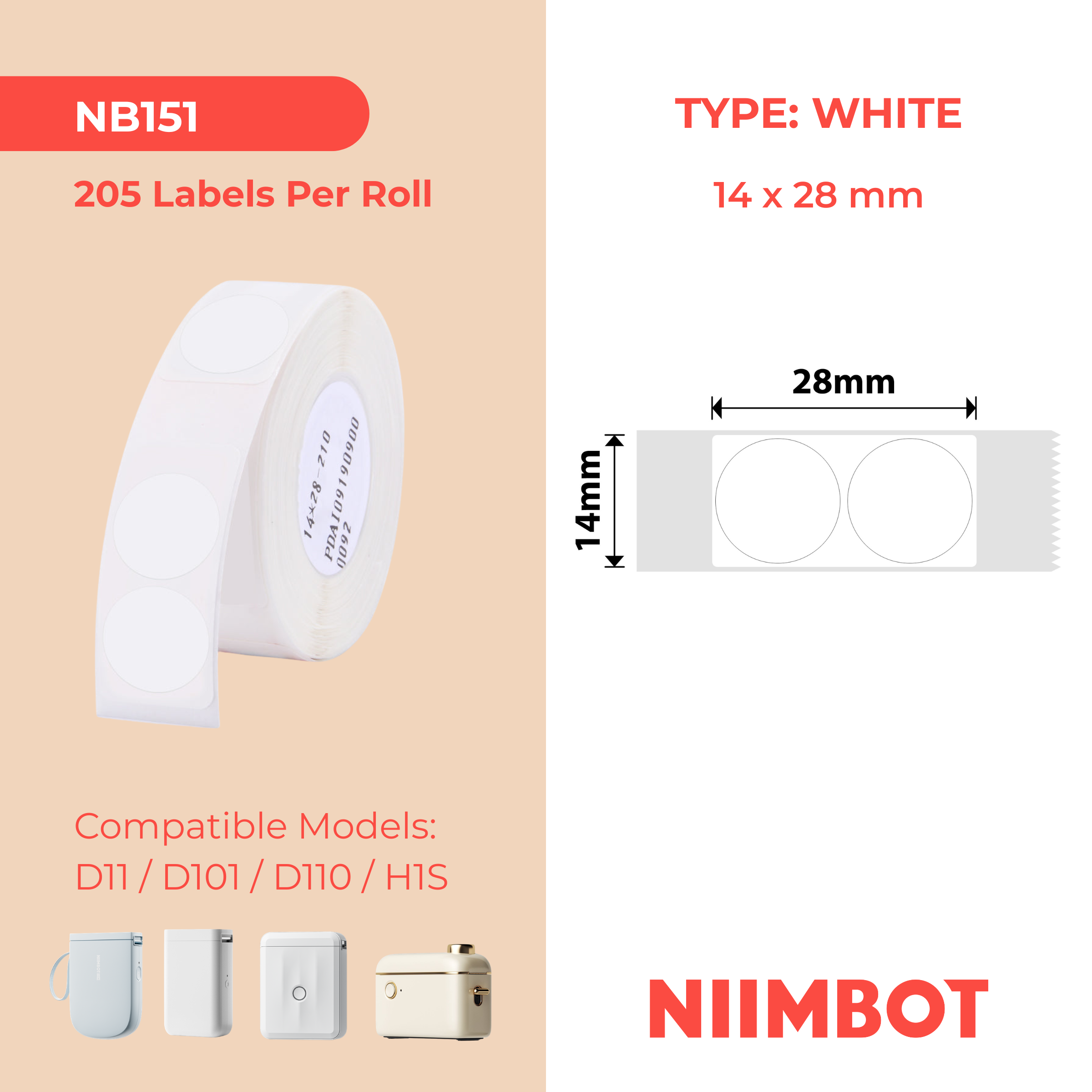 NB151 - NIIMBOT - D11 / D101 / D110 / H1S - 14X28MM - 205 WHITE TWIN ROUND LABELS