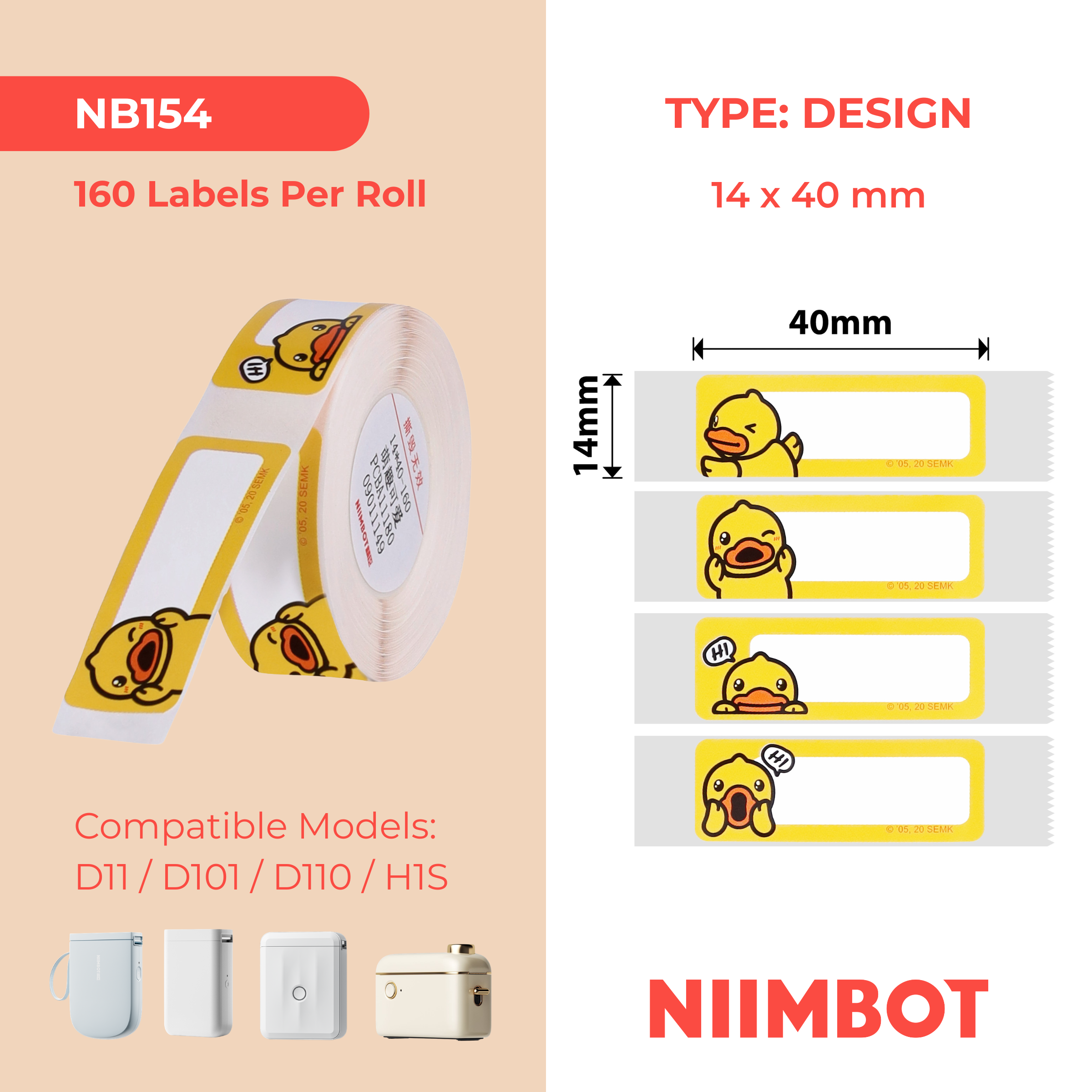 NB154 - NIIMBOT - D11 / D101 / D110 / H1S - 14X40MM - 160 CUTE DUCK LABELS