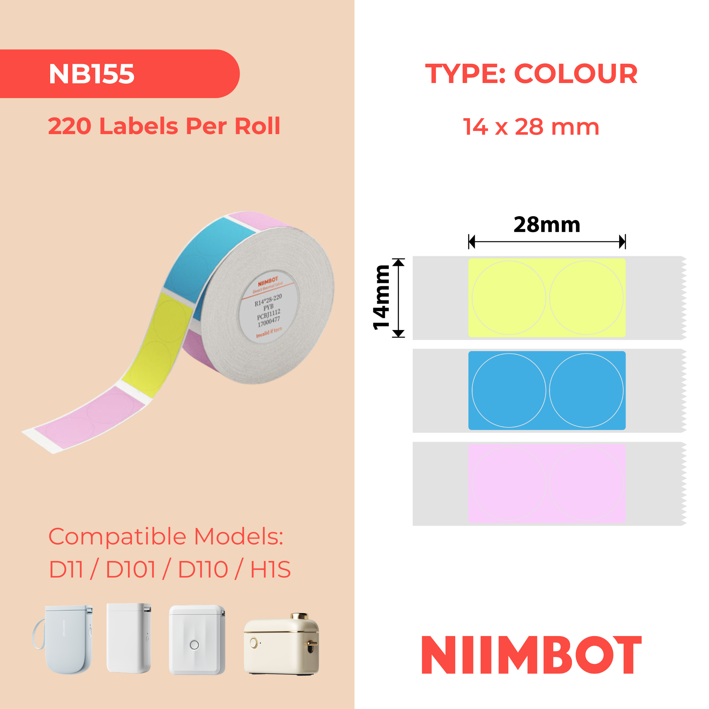 NB155 - NIIMBOT - D11 / D101 / D110 / H1S - 14X28MM - 220 SOLD PYB MULTI- COLOUR LABELS