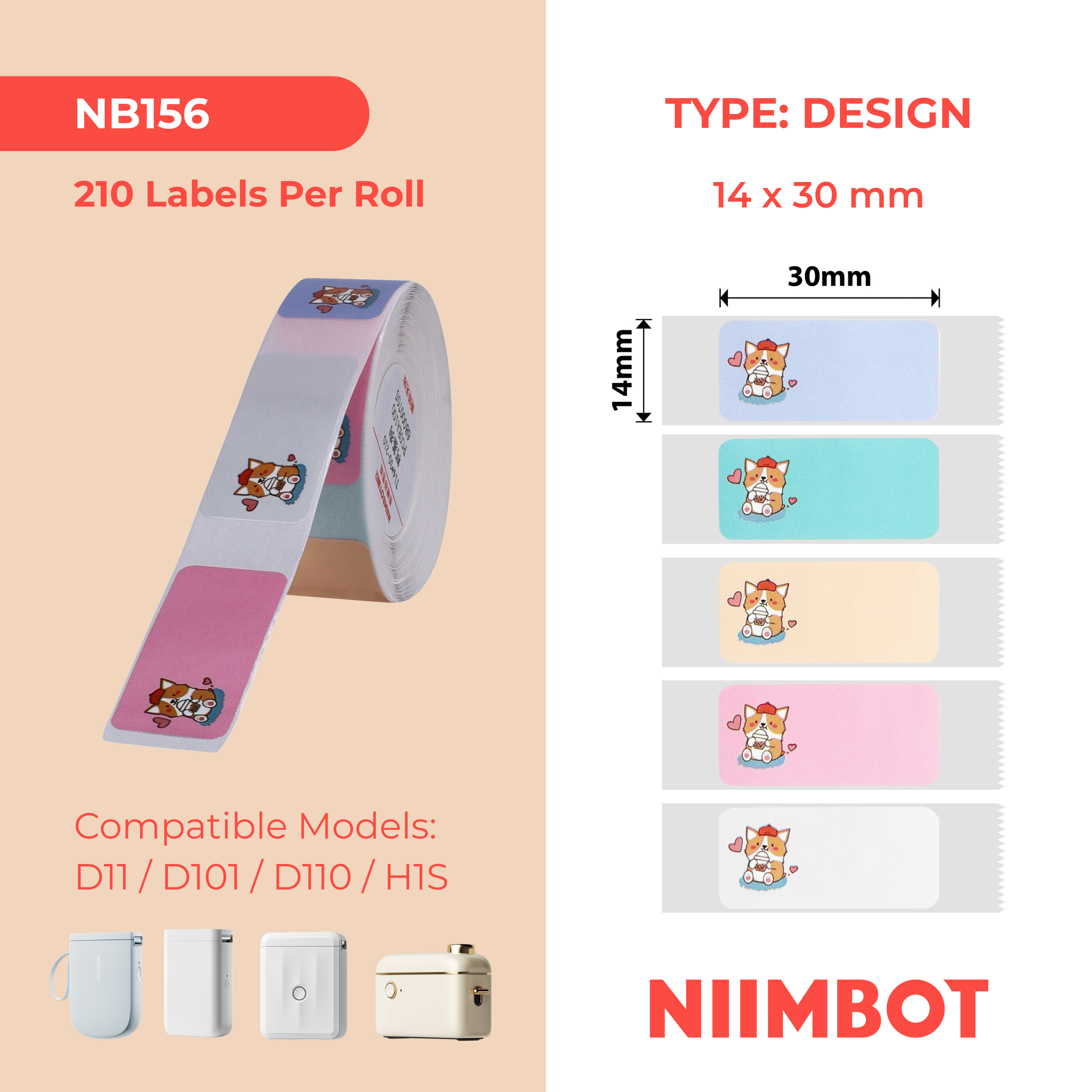NB156 - NIIMBOT - D11 / D101 / D110 / H1S - R14 x 30 mm - 210 étiquettes par rouleau - Joli motif corgi