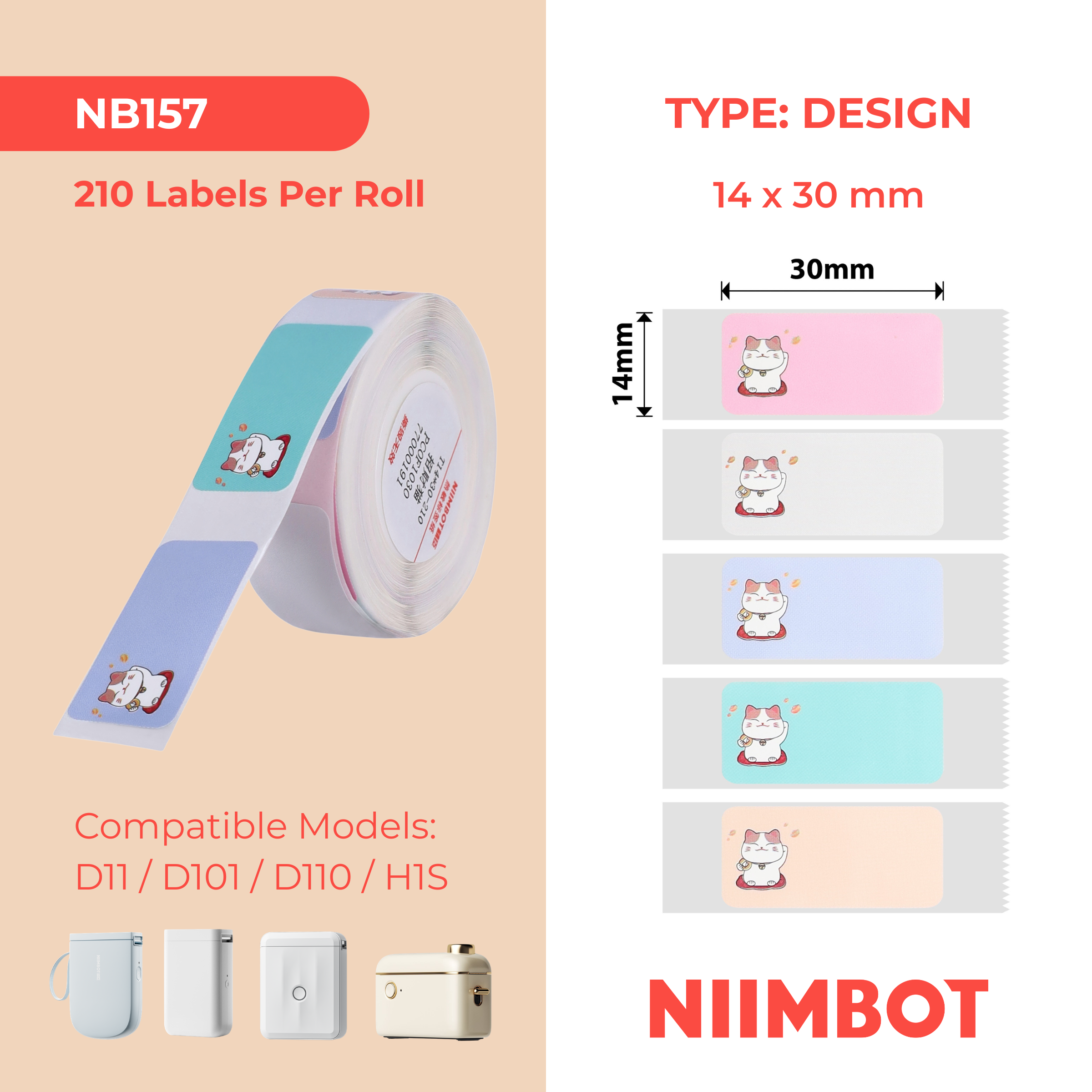 NB157 - NIIMBOT - D11 / D101 / D110 / H1S - R14X30MM - 210 ÉTIQUETTES PAR ROULEAU - FORTUNE CAT DESIGN