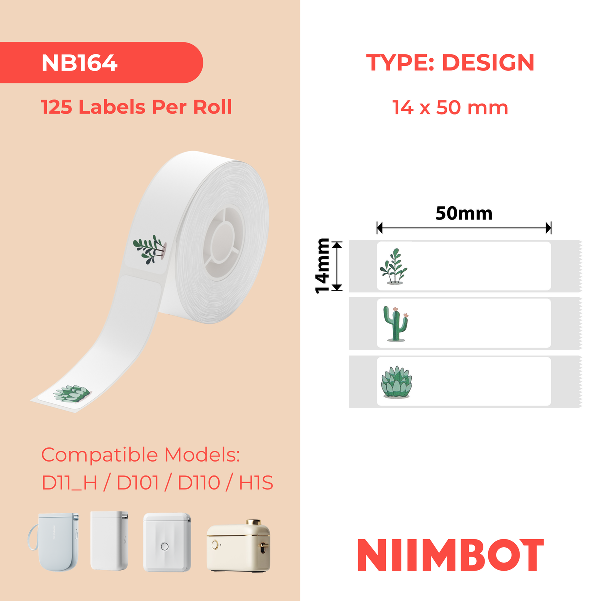 NIIMBOT - D Range - 14x50mm - Succulent A - 125 Labels
