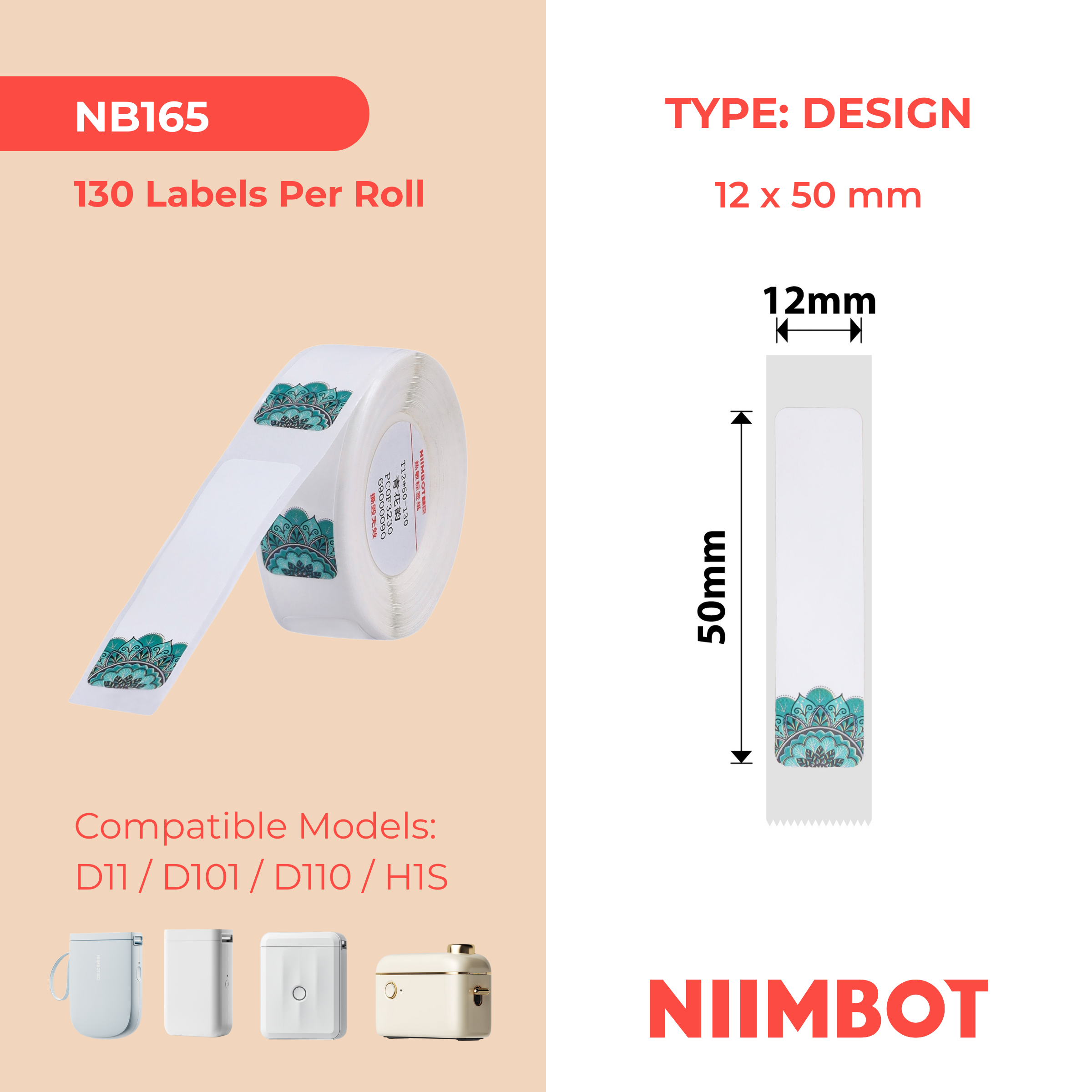 NB165 - NIIMBOT - D11 / D101 / D110 / H1S - 12 x 50 mm - 130 étiquettes thermiques - Motif en porcelaine