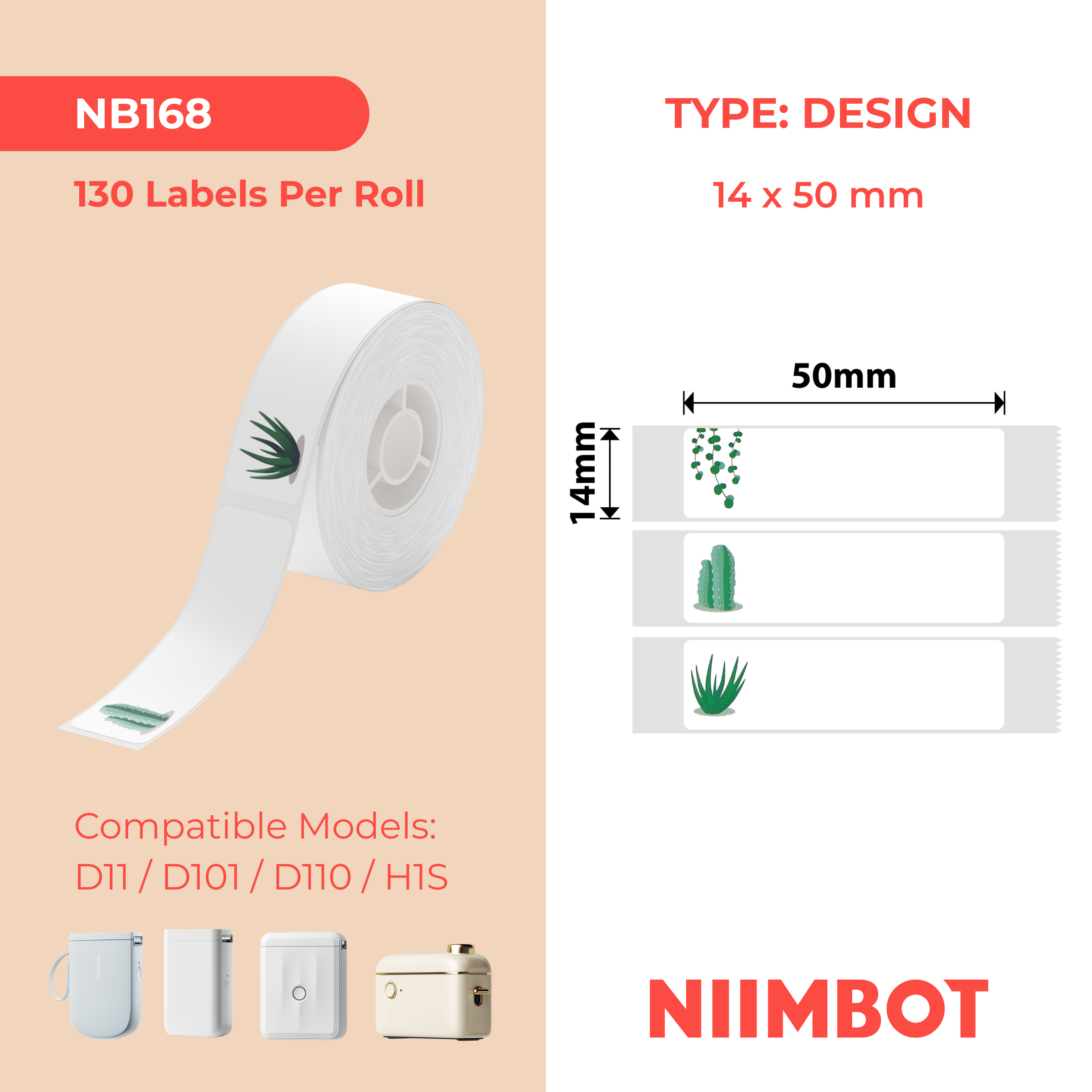 NB168 - NIIMBOT - D11 / D101 / D110 / H1S - 14 x 50 mm - 130 étiquettes par rouleau - Motif succulent B