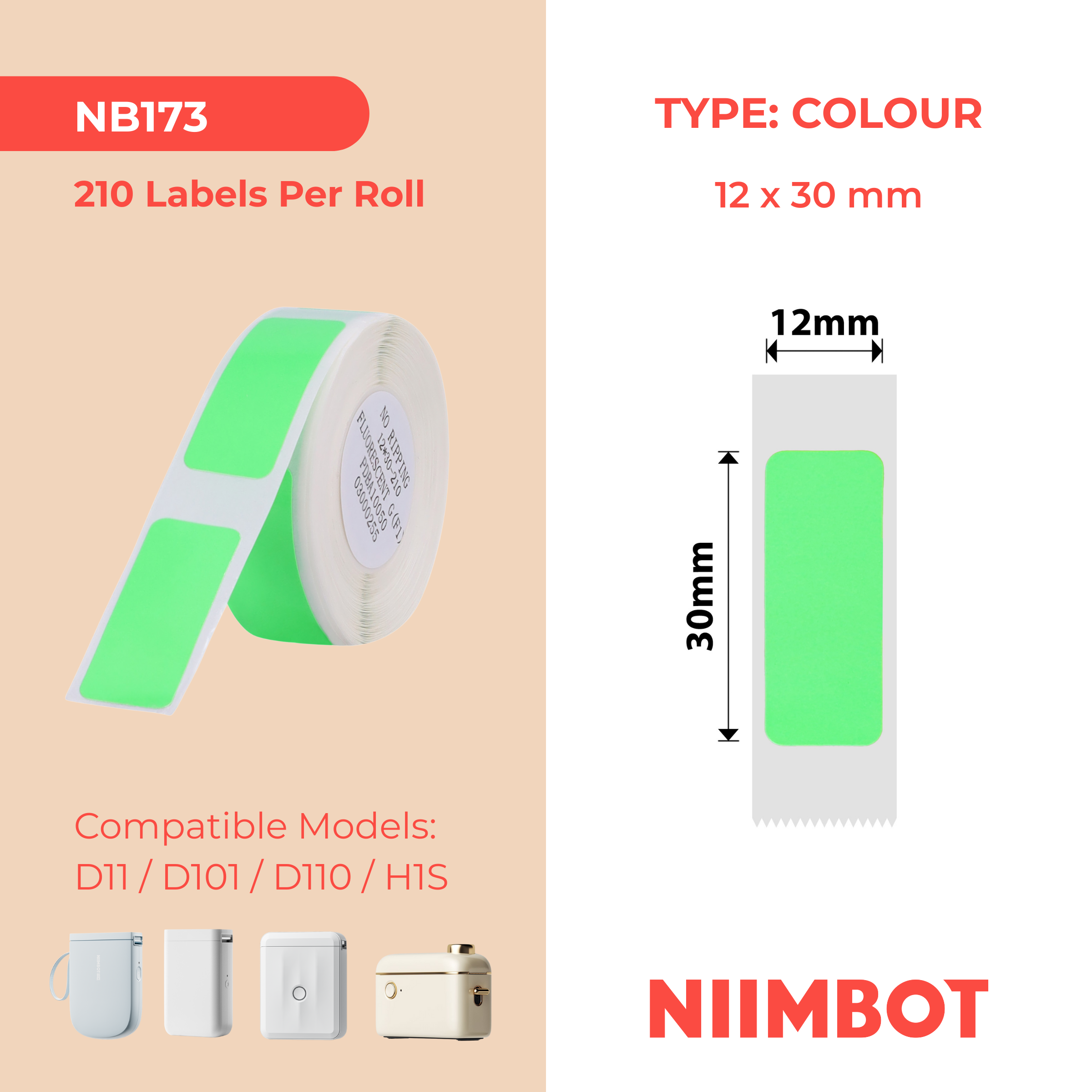 NB173 - NIIMBOT - D11 / D101 / D110 / H1S - R12 x 30 mm - 210 étiquettes par rouleau - Design vert vif