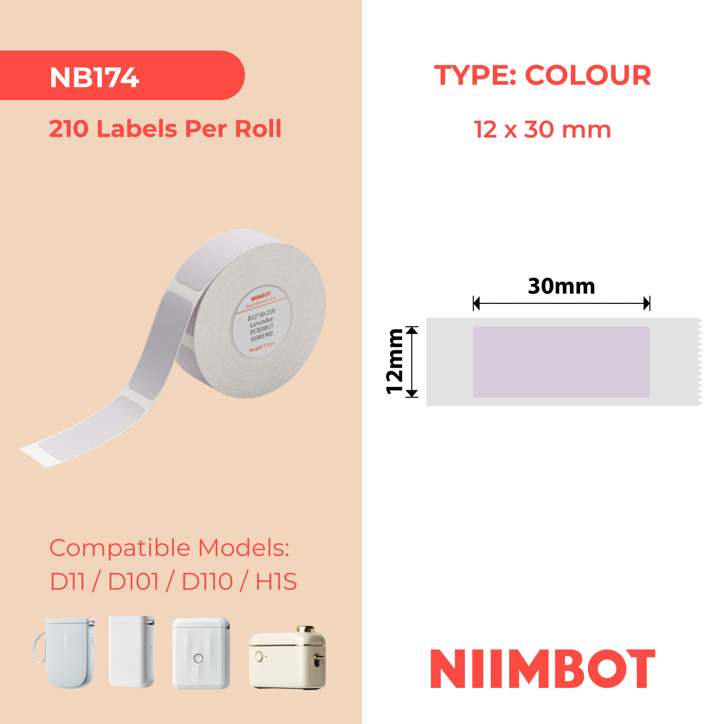 NB174 - NIIMBOT - D11 / D101 / D110 / H1S - 12 x 30 mm - 210 étiquettes par rouleau - Couleur lavande unie