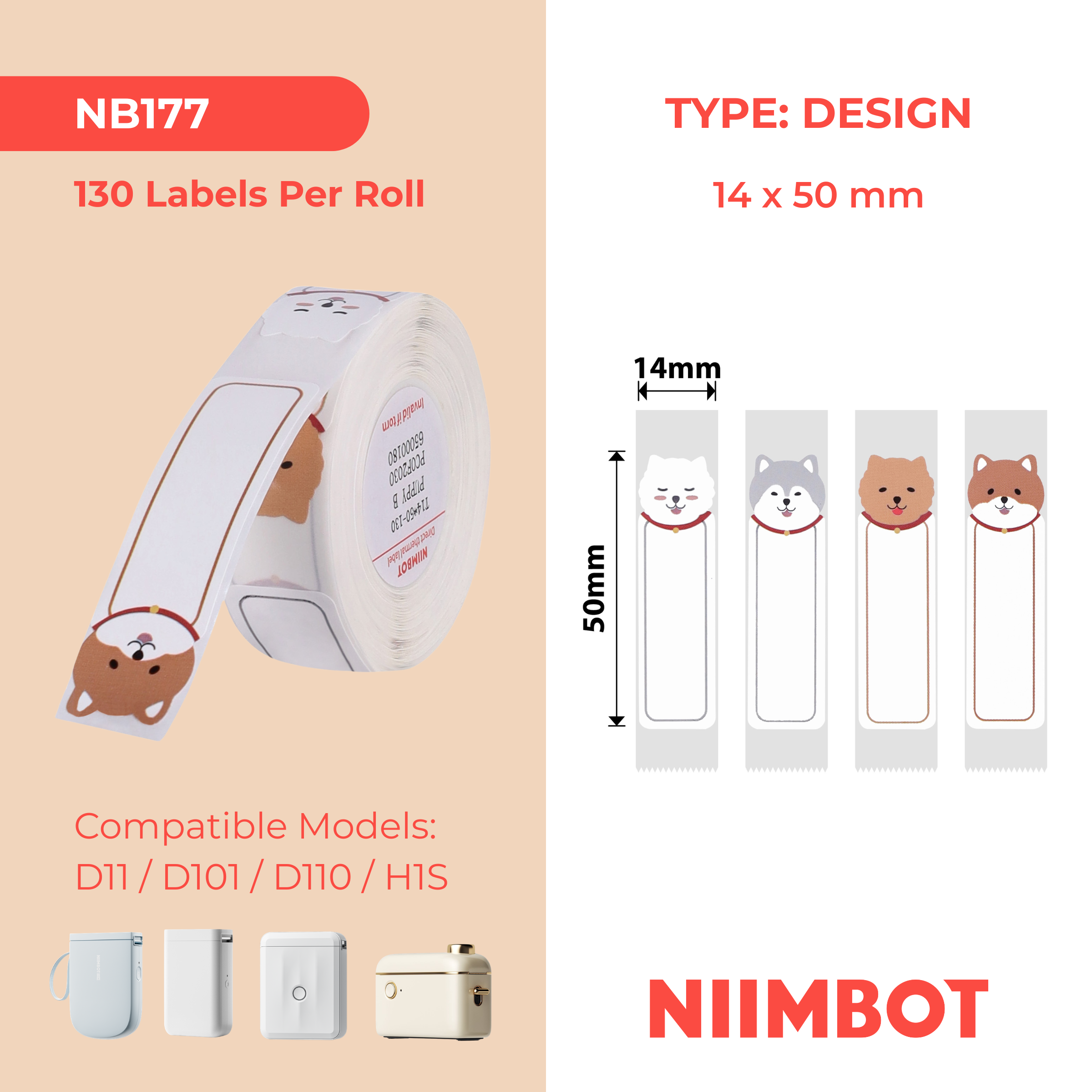 NB177 - NIIMBOT - D11 / D101 / D110 / H1S - 14X50MM - 130 CUTE PUPPY LABELS