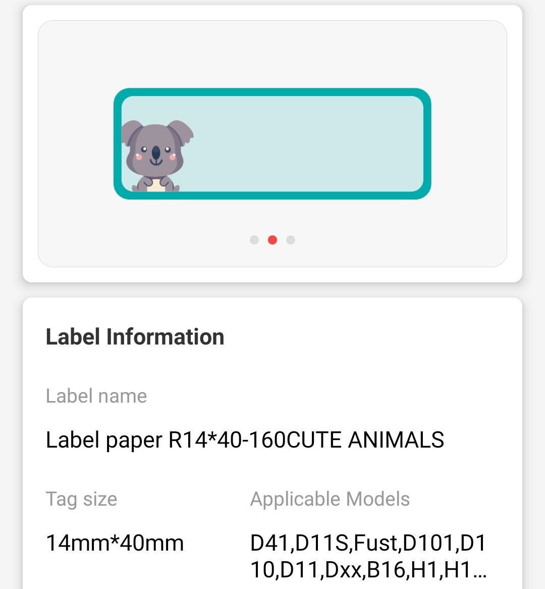 NB180 - NIIMBOT - D11 / D101 / D110 / H1S - 14X40MM - 160 LABELS PER ROLL- CUTE ANIMALS DESIGN