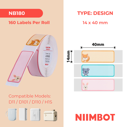 NB180 - NIIMBOT - D11 / D101 / D110 / H1S - 14 x 40 mm - 160 étiquettes par rouleau - Motif animaux mignons