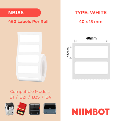 NB186 - NIIMBOT - B1 / B21 / B3S / B4 - T40X15MM/2R - 460 ETICHETTE PER ROTOLO - BIANCO