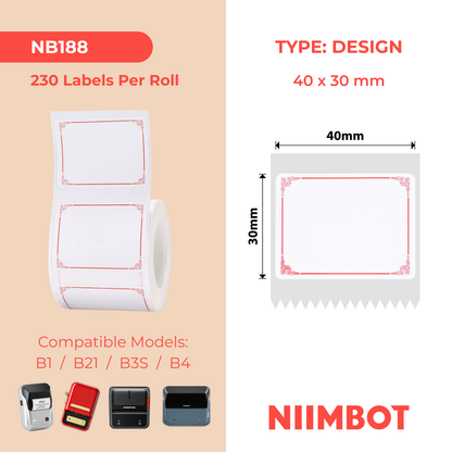 NB188 - NIIMBOT - B1 / B21 / B3S / B4 - 40X30MM - 230 ETICHETTE PER ROTOLO - DESIGN CON BORDO ROSSO