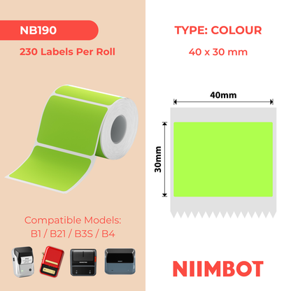 NB190 - NIIMBOT - B1 / B21 / B3S / B4 - 40X30MM - 230 ETICHETTE PER ROTOLO - SOLIDO - VERDE