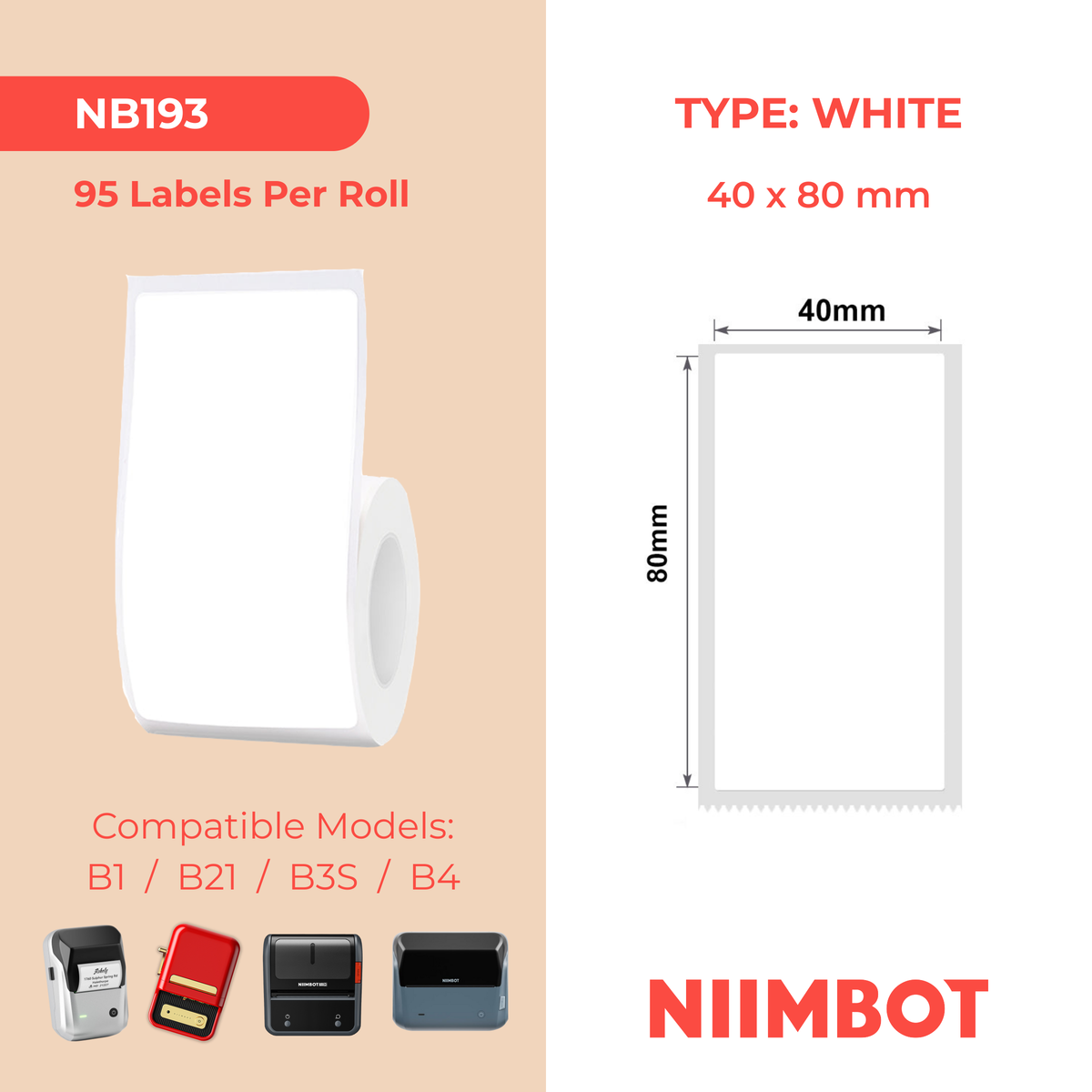 NIIMBOT - B Range - 40x80mm - White Removable - 95 Labels