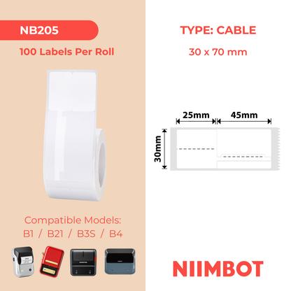 NB205 - NIIMBOT - B1 / B21 / B3S / B4 - 30X70MM - 100 WHITE CABLE LABELS
