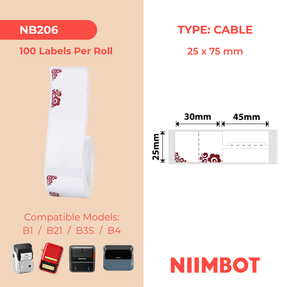 NB206 - NIIMBOT - B1 / B21 / B3S / B4 - 25X75MM - 100 DEEP RED CABLE LABELS