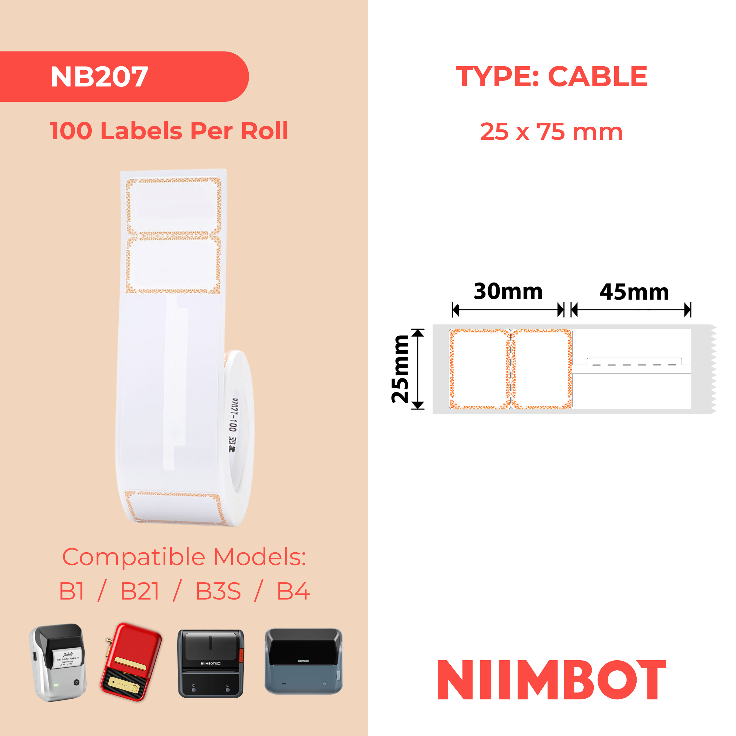 NB207 - NIIMBOT - B1 / B21 / B3S / B4 - 25X75MM - 100 ORANGE INK CABLE LABELS