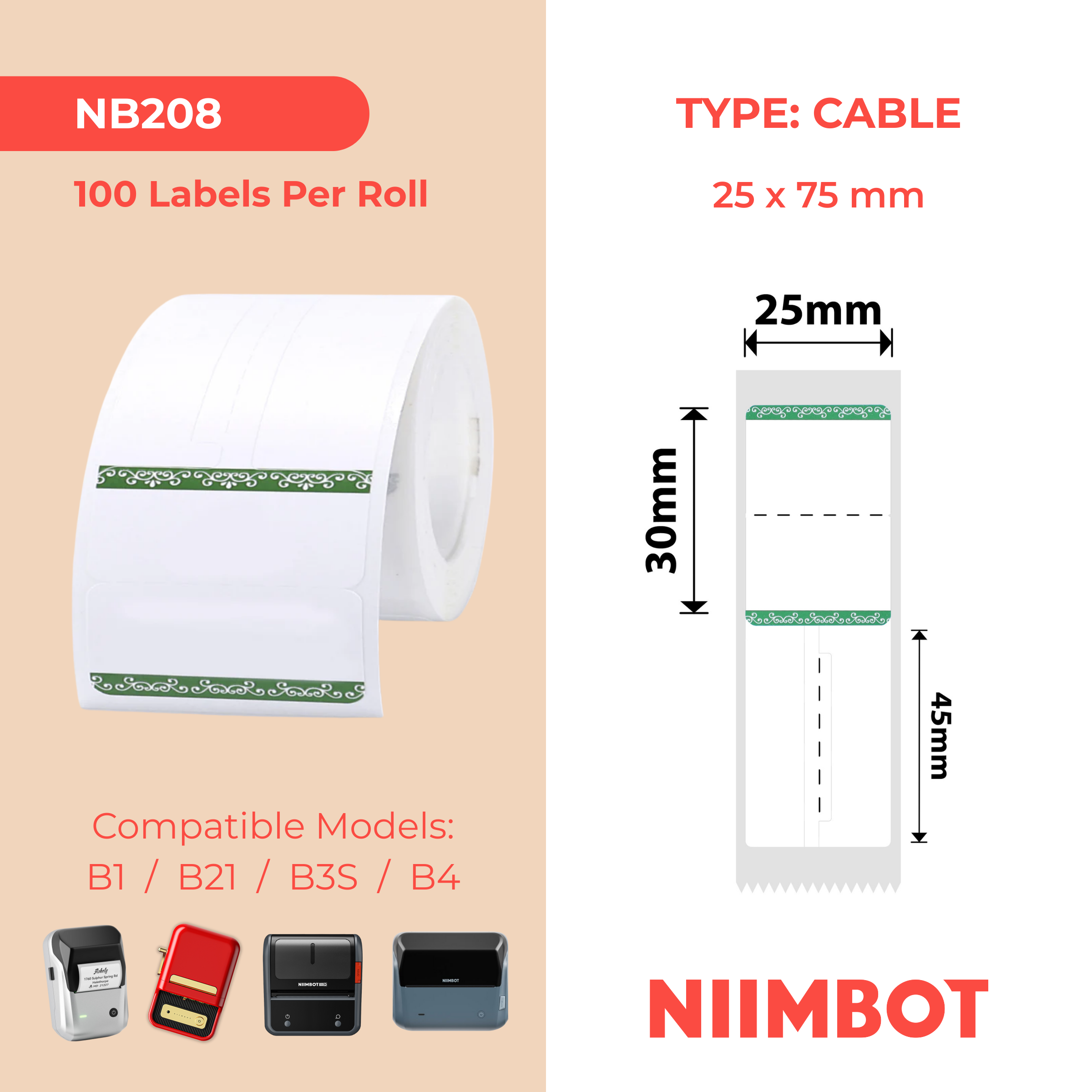 NB208 - NIIMBOT - B1 / B21 / B3S / B4 - 25 x 30 + 45 mm - Anneau - 100 étiquettes par rouleau - Bordure verte 