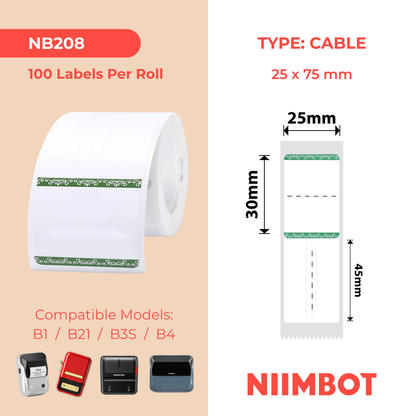 NB208 - NIIMBOT - B1 / B21 / B3S / B4 - 25 x 30 + 45 mm - Anneau - 100 étiquettes par rouleau - Bordure verte 