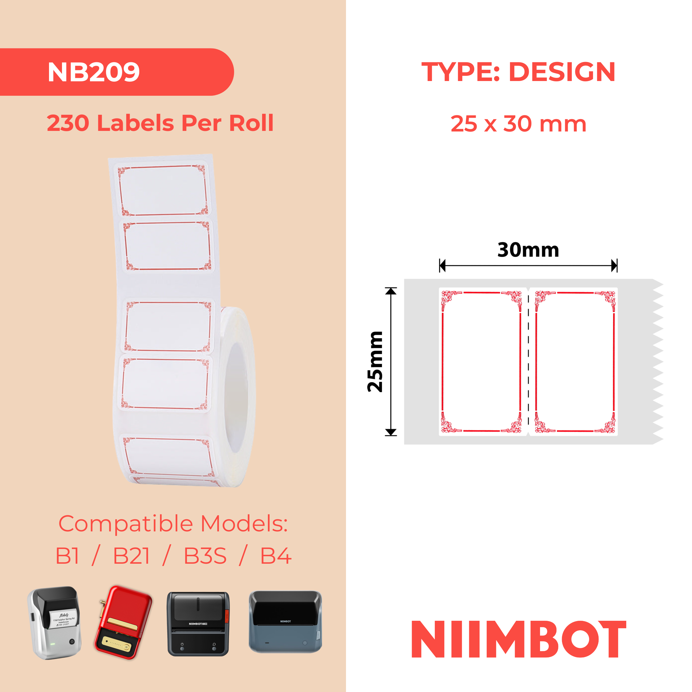 NB209 - NIIMBOT - B1 / B21 / B3S / B4 - 25X30MM - 230 LIGHT RED LABELS