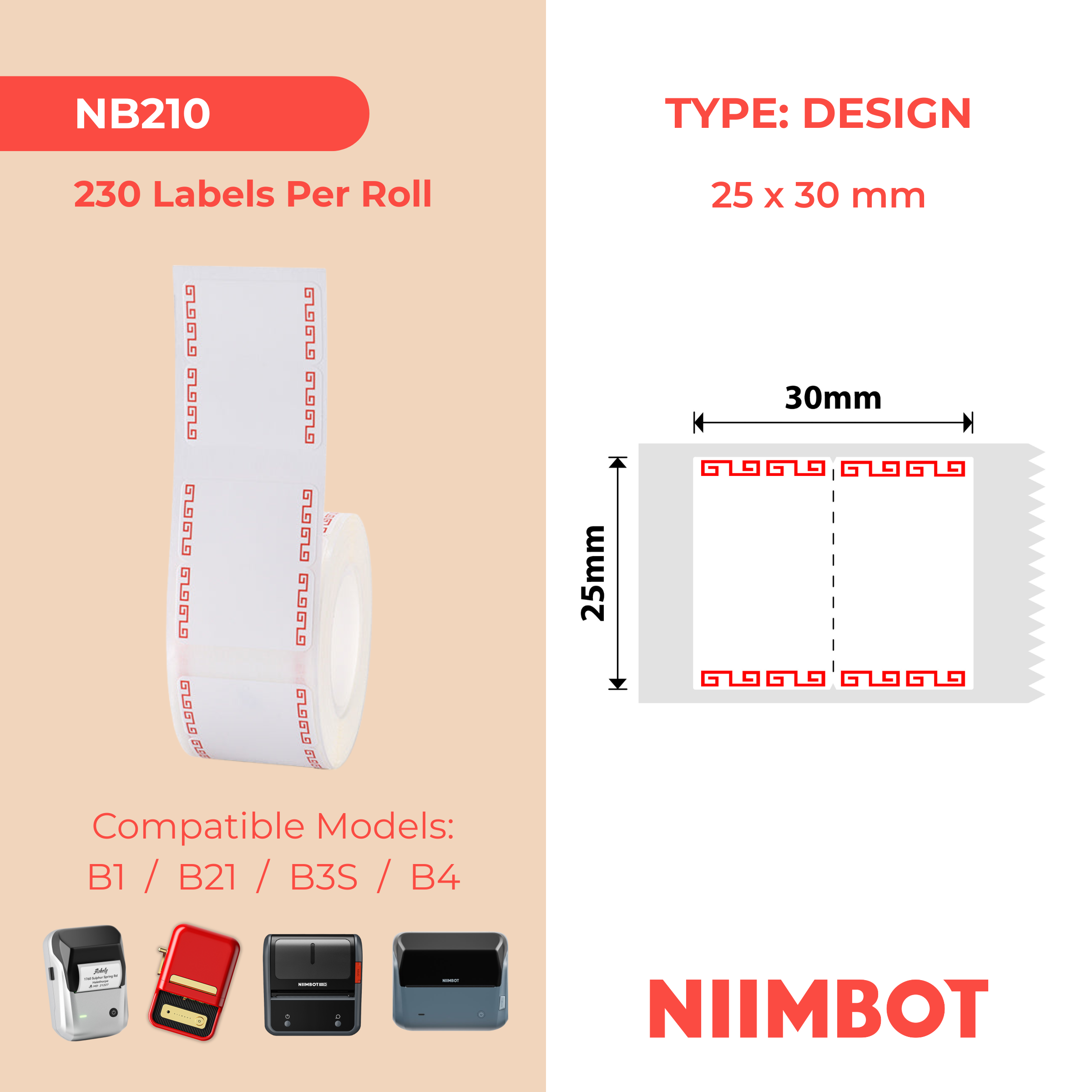 NB210 - NIIMBOT - B1 / B21 / B3S / B4 - 25X30MM - 230 DEEP RED LABELS
