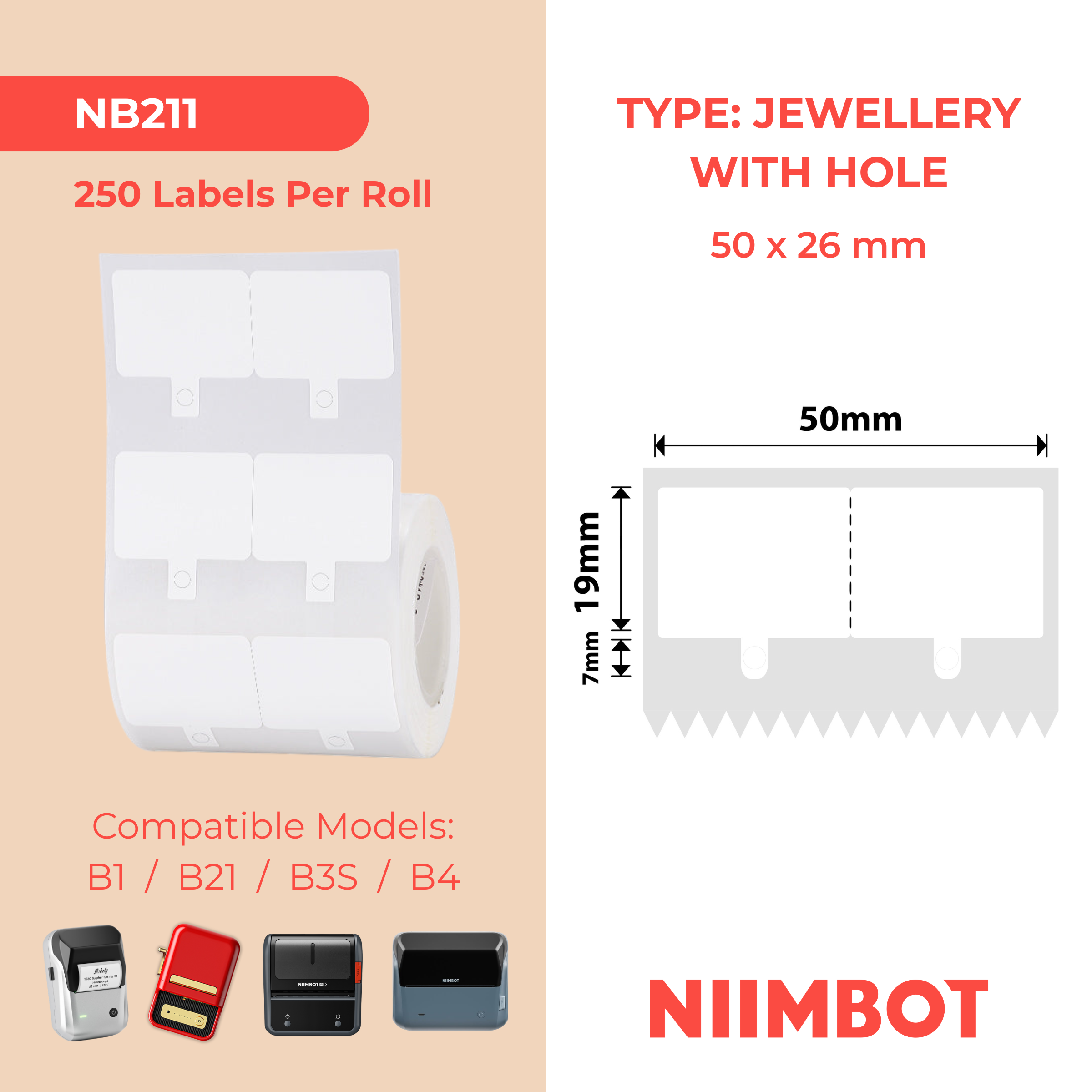 NB211 - NIIMBOT - B1 / B21 / B3S / B4 - 50X26MM - 250 WHITE LABELS WITH HOLE