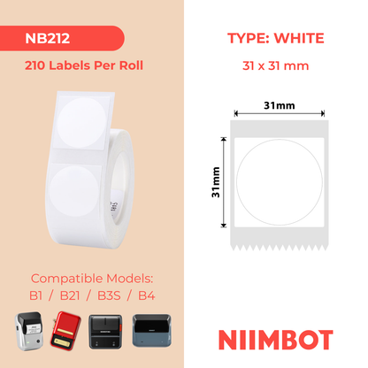 NB212 - NIIMBOT - B1 / B21 / B3S / B4 - 31X31MM - 210 WHITE ROUND LABELS