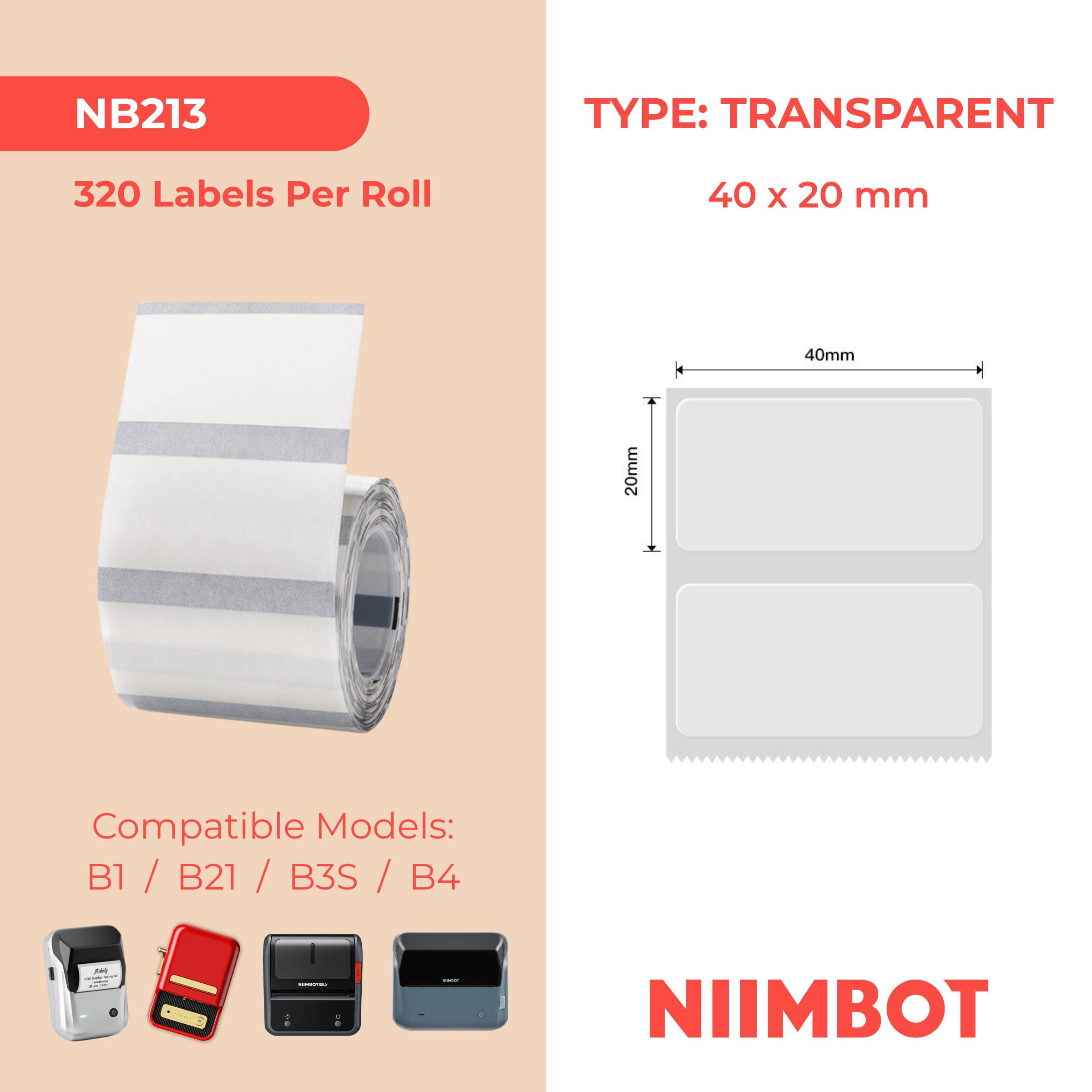 NB213 - NIIMBOT - B1 / B21 / B3S / B4 - 40X20MM - 320 TRANSPARENT LABELS
