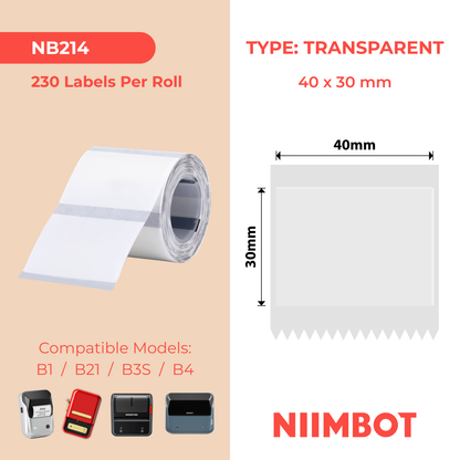 NB214 - NIIMBOT - B1 / B21 / B3S / B4 - TT40X30MM - 230 ETICHETTE PER ROTOLO - TRASPARENTE