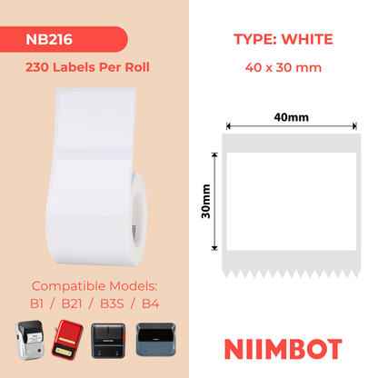 NB216 - NIIMBOT - B1 / B21 / B3S / B4 - 40X30MM - 230 ETICHETTE PER ROTOLO - BIANCO