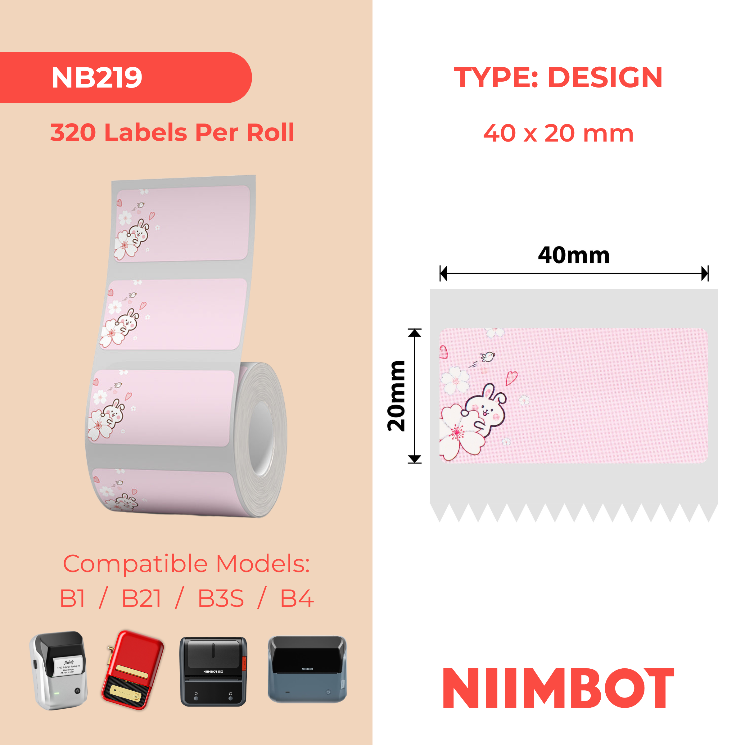 NB219 - NIIMBOT - B1 / B21 / B3S / B4 - 40X20MM - 320 PINK RABBIT LABELS