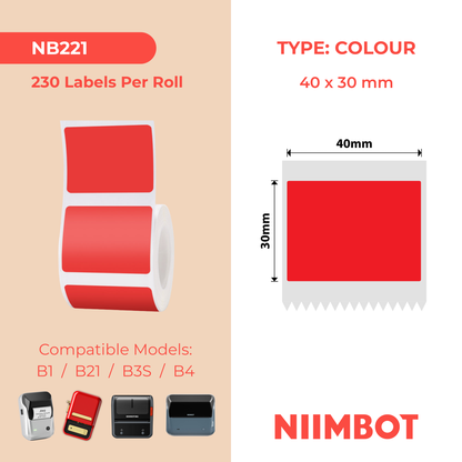 NB221 - NIIMBOT - B1 / B21 / B3S / B4 - T40X30MM - 230 ETICHETTE PER ROTOLO - SOLIDO - ROSSO