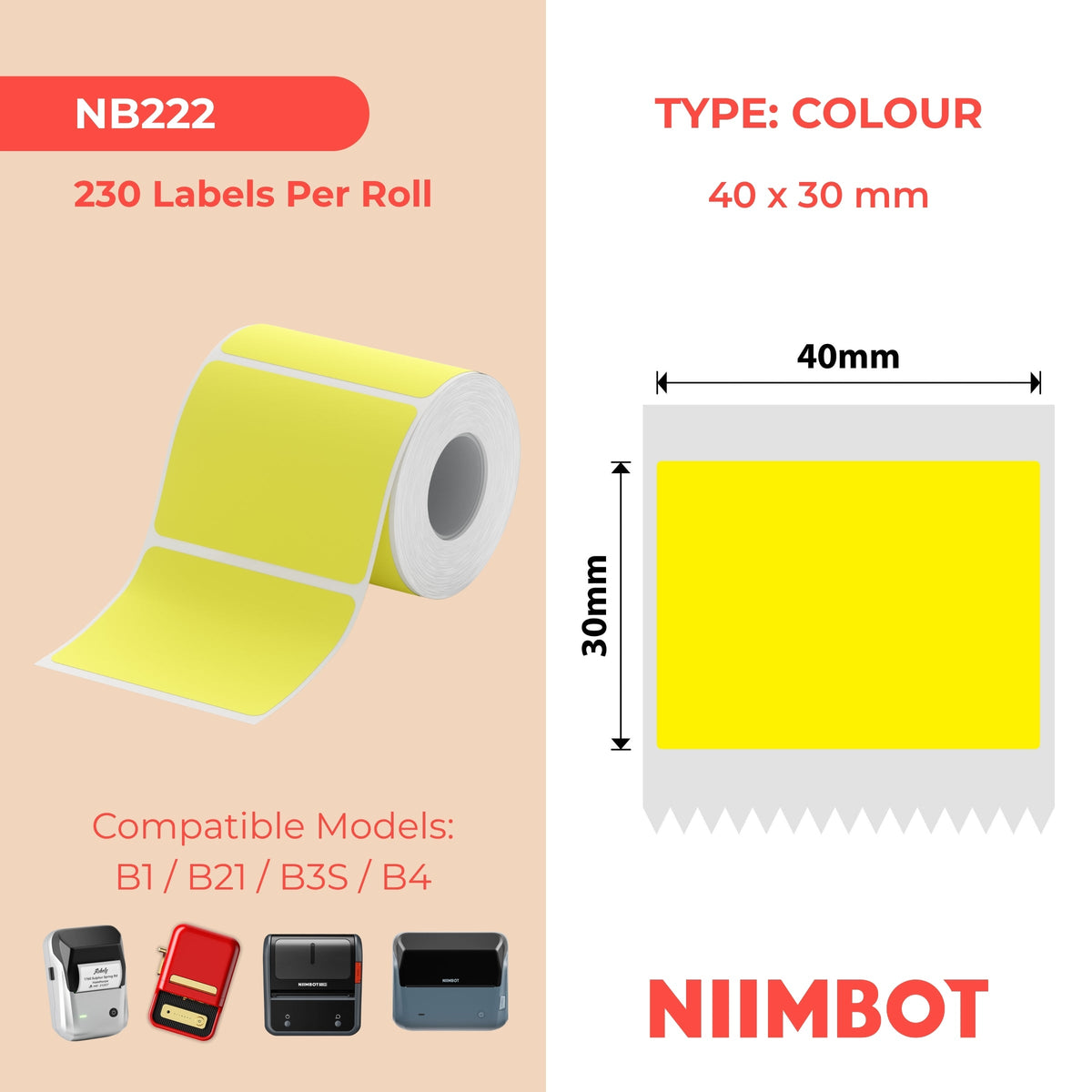 NB222 - NIIMBOT - B1 / B21 / B3S / B4 - 30X40MM - 230 ETICHETTE PER ROTOLO - SOLIDO - GIALLO 