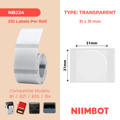 NB224 - NIIMBOT - B1 / B21 / B3S / B4 - TT31X31MM - 210 ETICHETTE PER ROTOLO - ROTONDO - TRASPARENTE