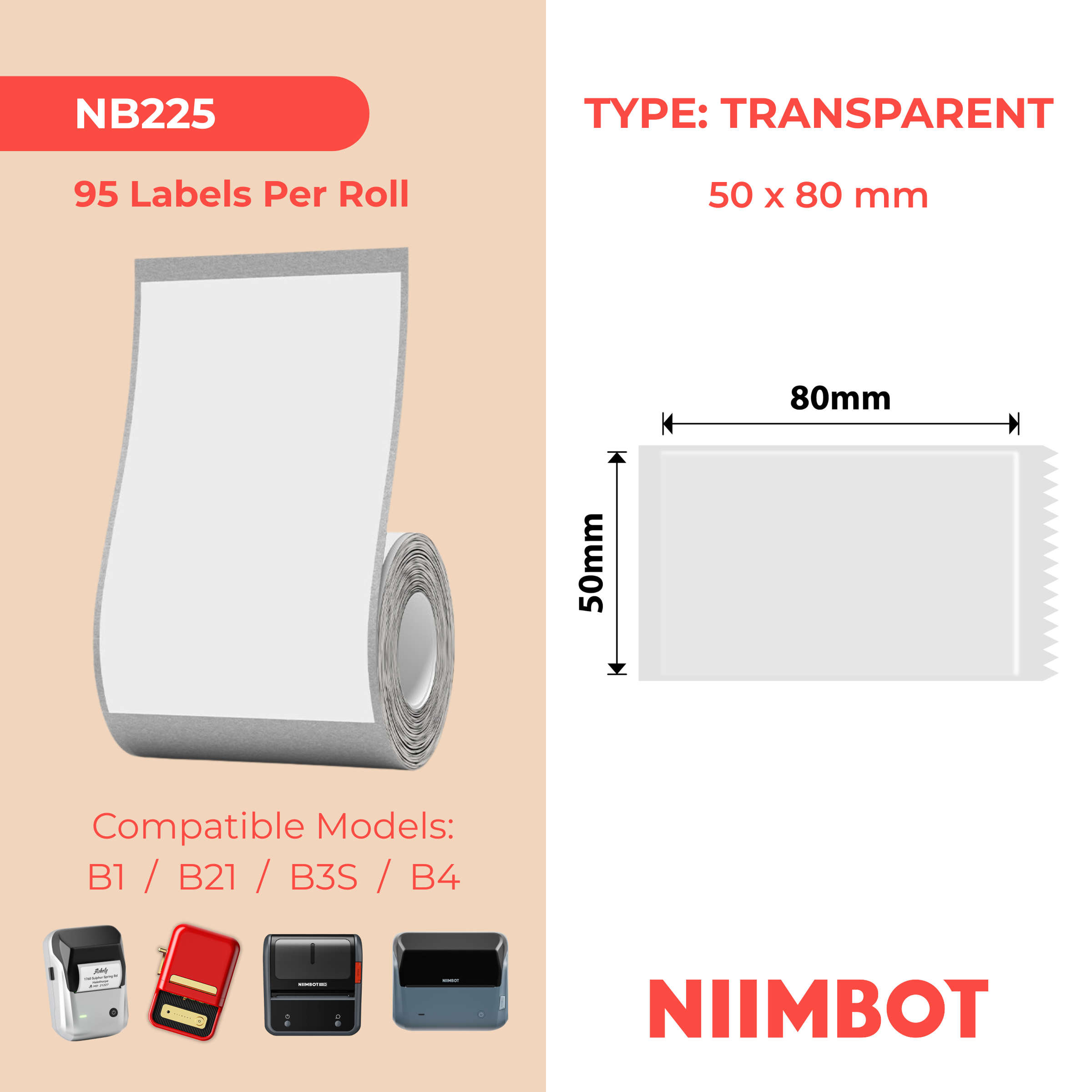 NB225 - NIIMBOT - B1 / B21 / B3S / B4 - 50X80MM - 95 TRANSPARENT LABELS