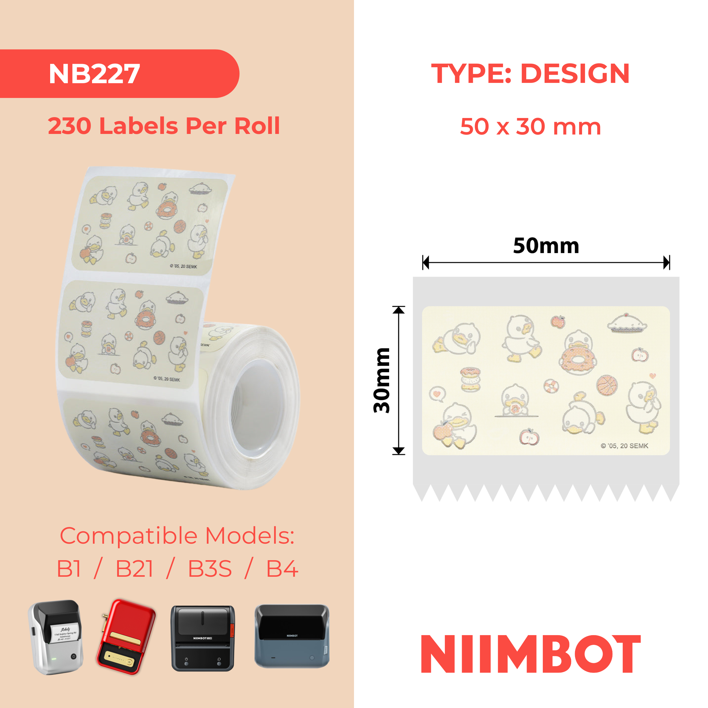 NB227 - NIIMBOT - B1 / B21 / B3S / B4 - 50X30MM - 230 LIGHT YELLOW DUCK LABELS