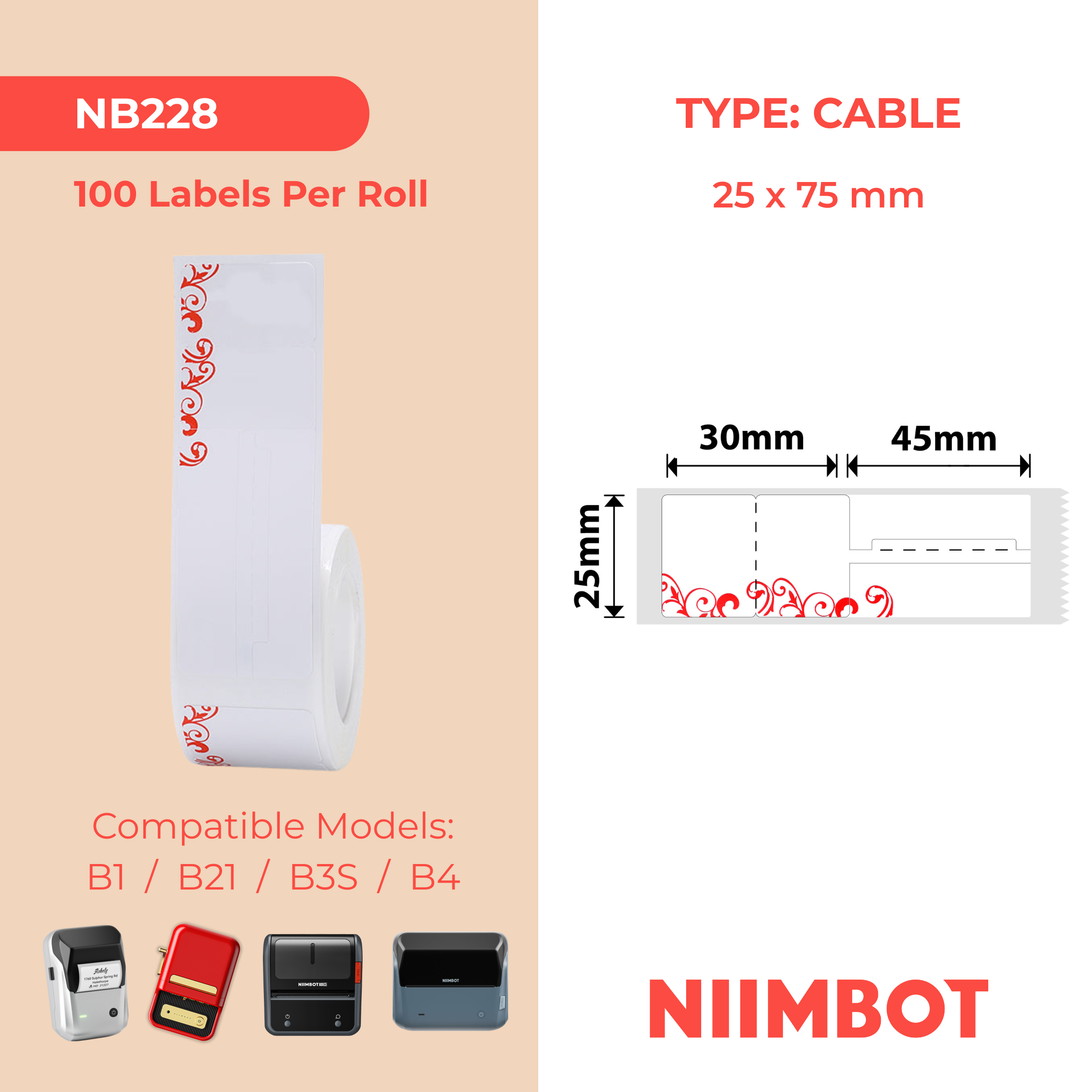 NB228 - NIIMBOT - B1 / B21 / B3S / B4 - R02T - 25X75MM (25x30+45) - 100 ETICHETTE PER ROTOLO - DISEGNO ROSSO 