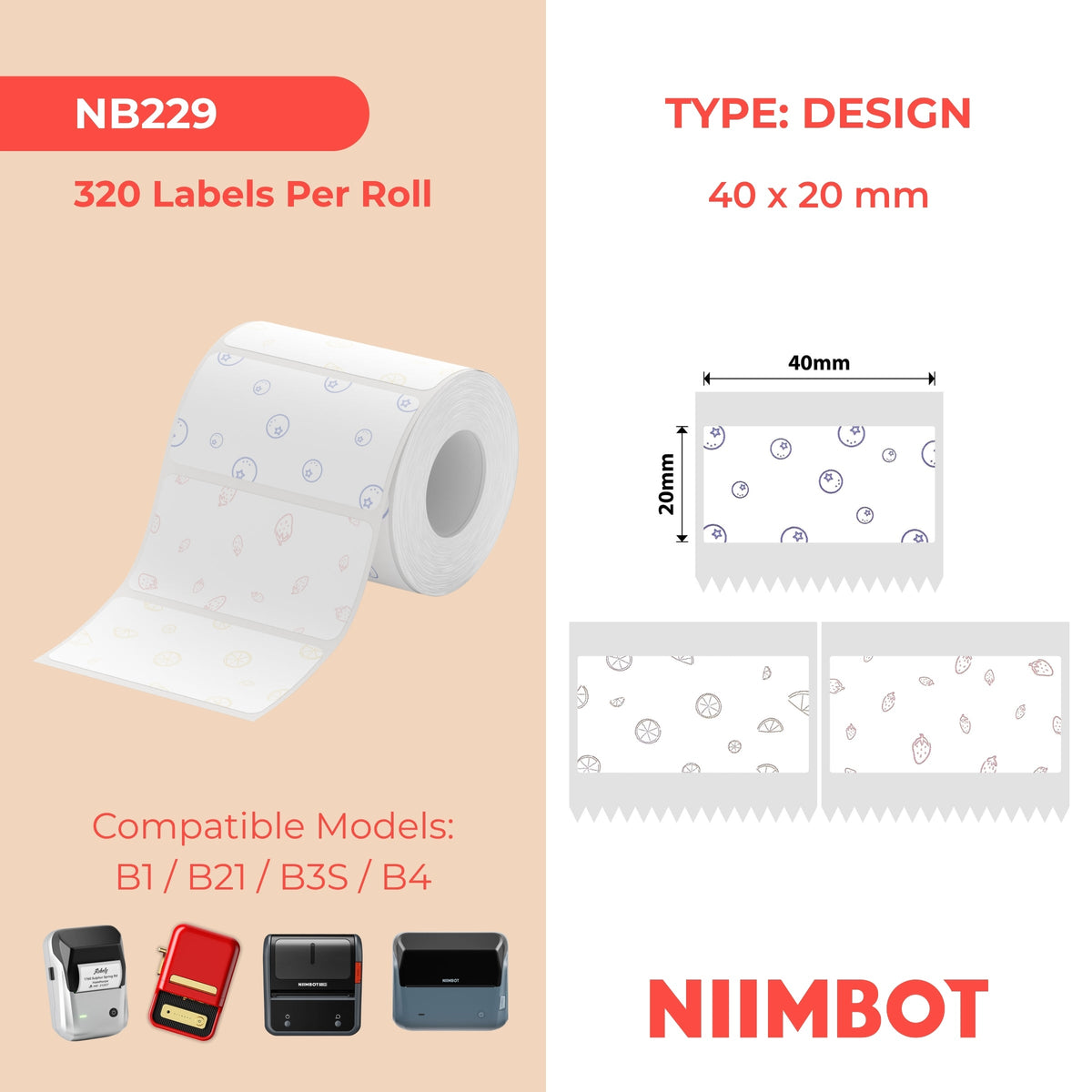 NB229 - NIIMBOT - B1 / B21 / B3S / B4 - T40X20MM - 320 ETICHETTE PER ROTOLO - DESIGN CON OMBREGGIATURA FRUTTA