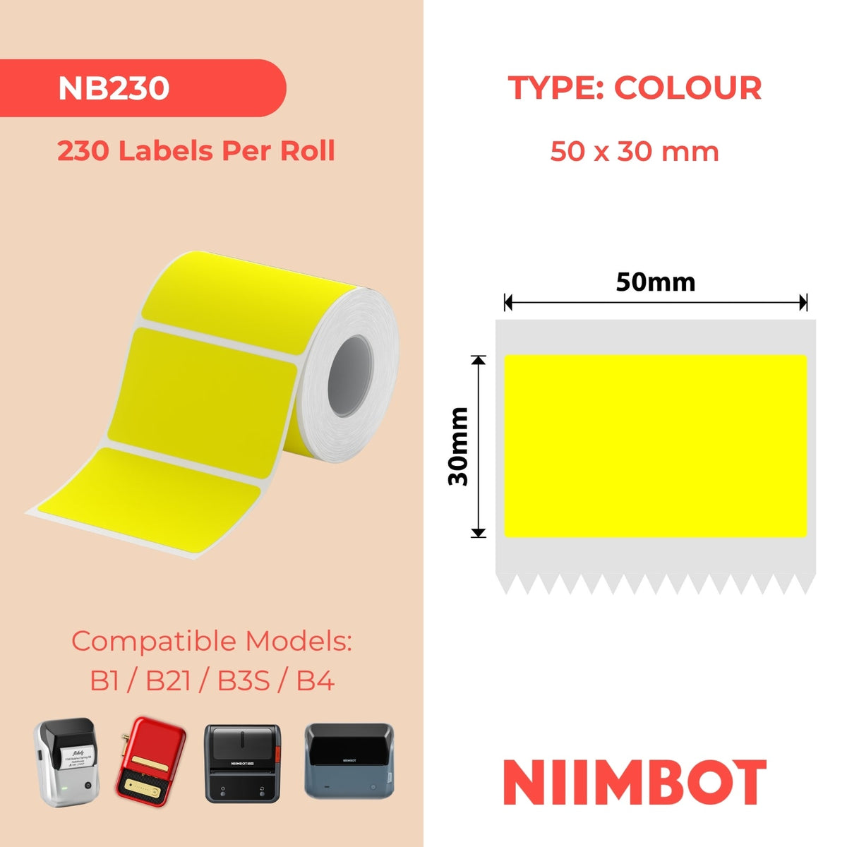 NB230 - NIIMBOT - B1 / B21 / B3S / B4 - 50X30MM - 230 ÉTIQUETTES THERMIQUES JAUNES 