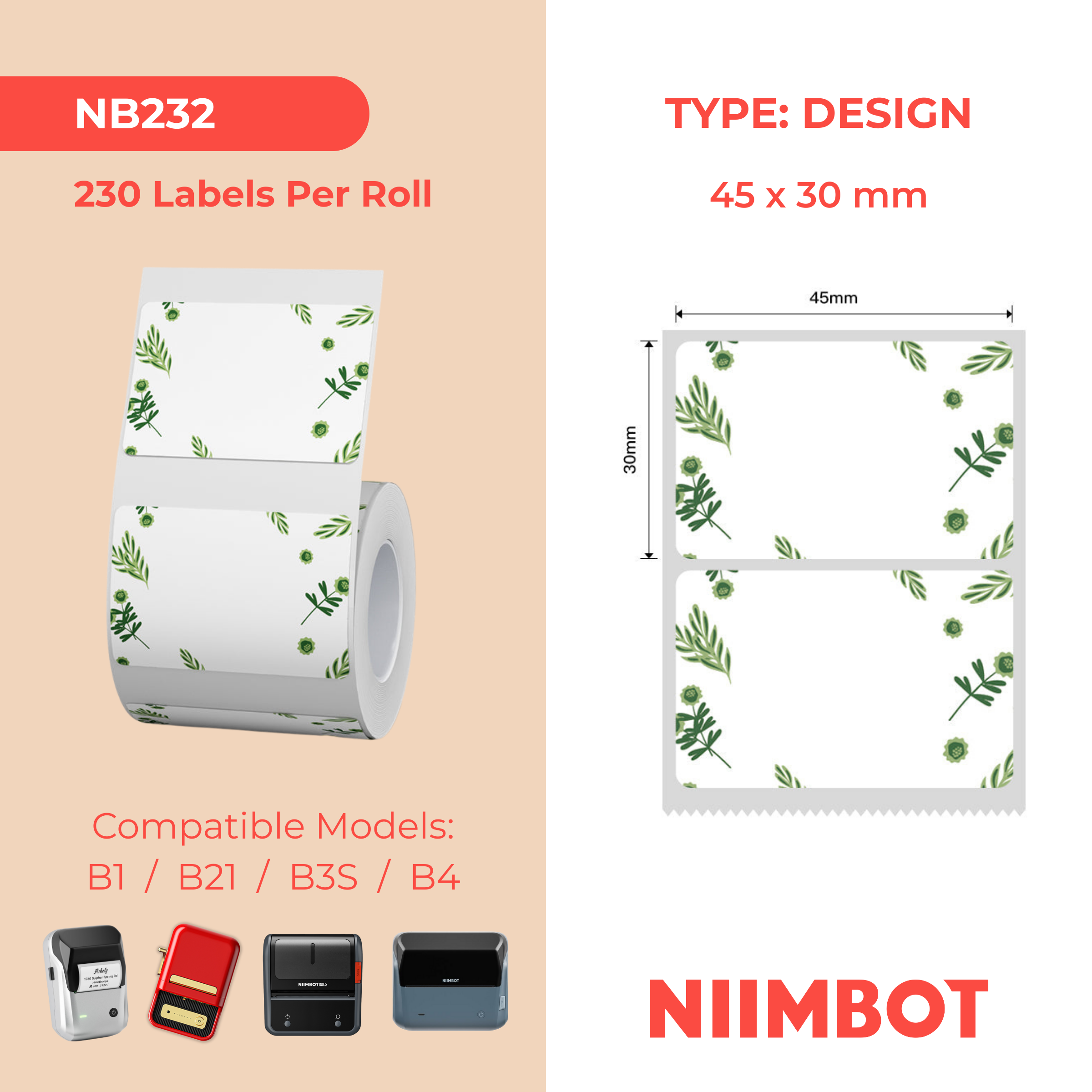 NB232 - NIIMBOT - B1 / B21 / B3S / B4 - 45 x 30 mm - 230 étiquettes par rouleau - Modèle d'usine 