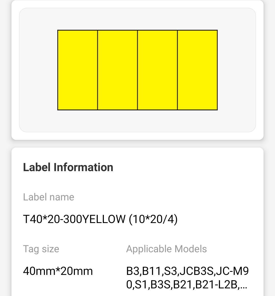 NB235 - NIIMBOT - B1 / B21 / B3S / B4 - 40X20MM - (10X20X4) - 300 YELLOW LABELS