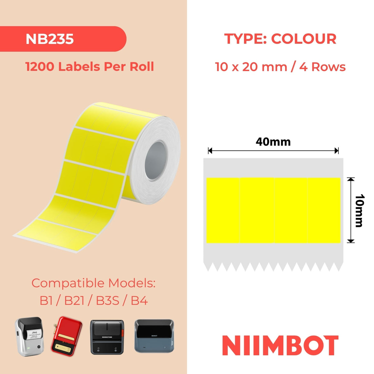 NB235 - NIIMBOT - B1 / B21 / B3S / B4 - 40X20MM - (10X20X4) - 300 ETICHETTE TERMICHE - GIALLO 