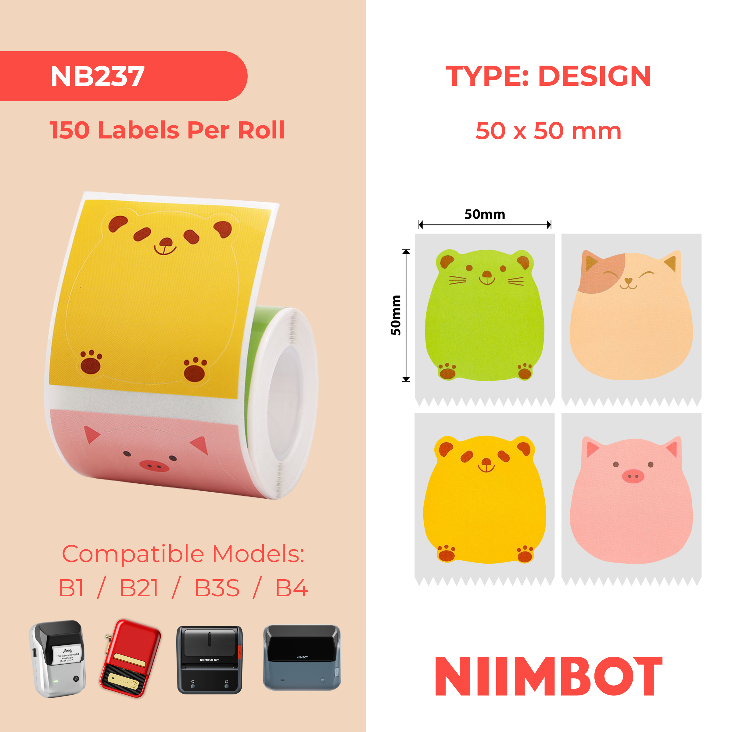 NB237 - NIIMBOT - B1 / B21 / B3S / B4 - 50X50MM - 150 ANIMAL LABELS