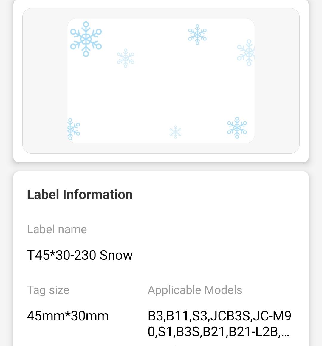 NB238 - NIIMBOT - B1 / B21 / B3S / B4 - 45X30MM - 230 LABELS PER ROLL - SNOW BLUE DESIGN